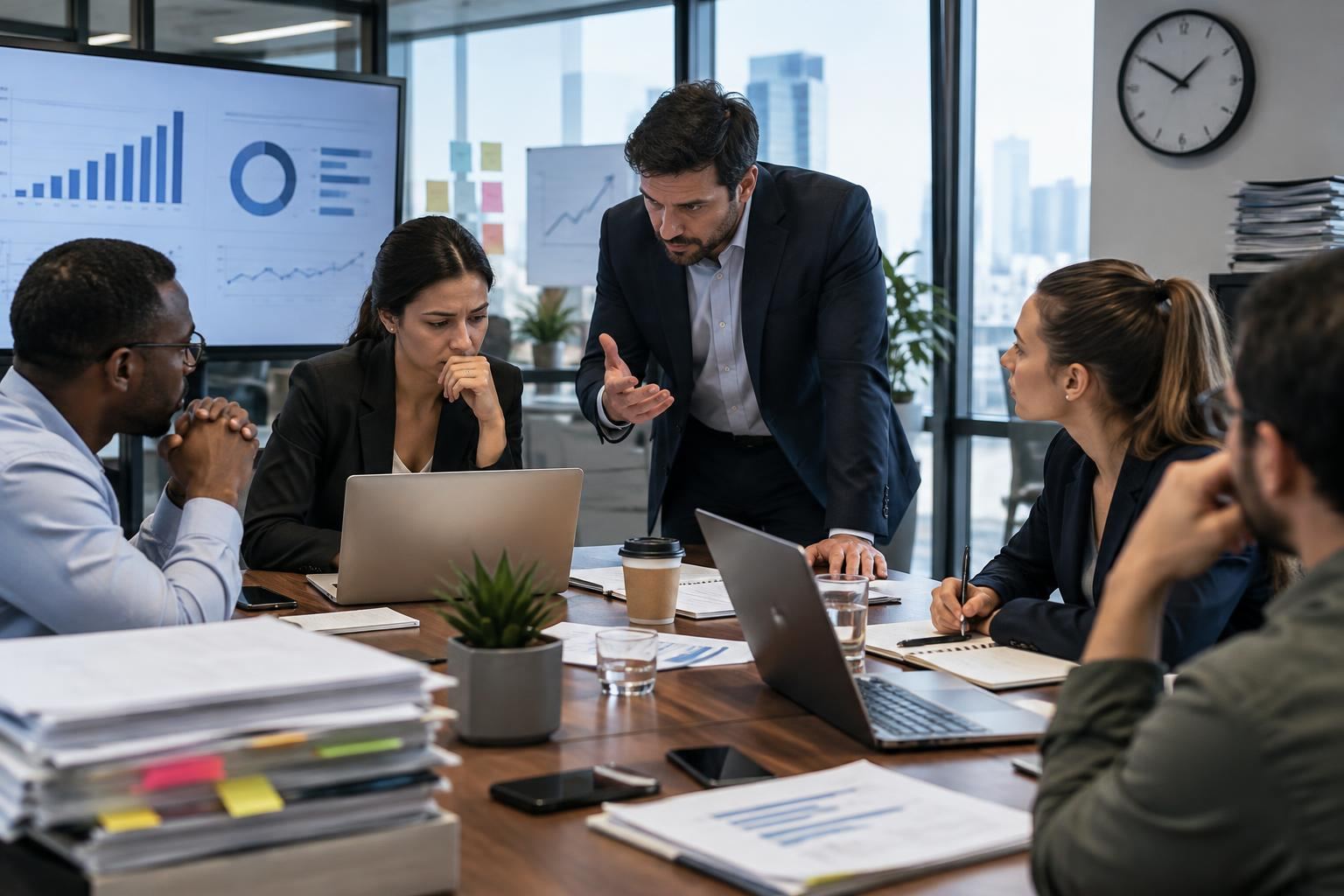 Ilustração de ambiente corporativo com reunião de equipe e clima de pressão por metas
