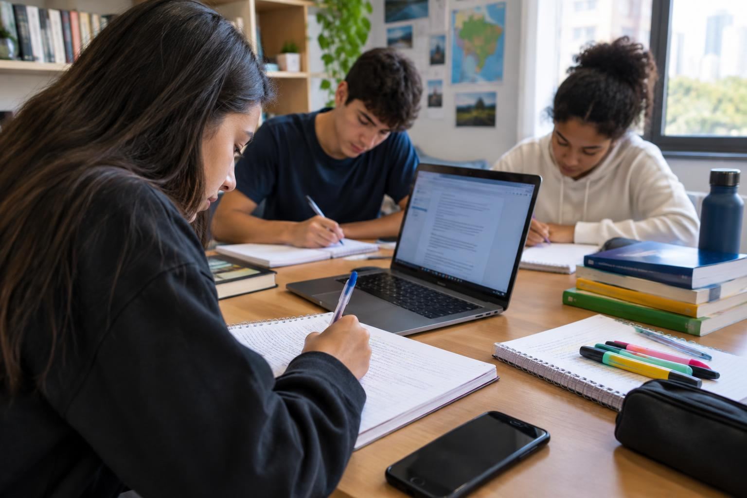 Estudantes em ambiente de estudo com computador e cadernos, em clima de preparação para vestibular.